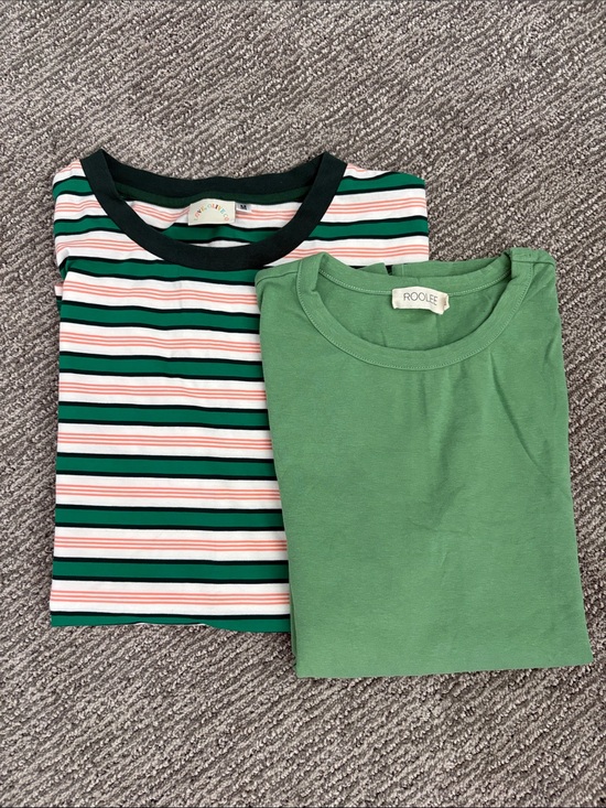 Roolee Tops - Roolee Green Solid Tee + Love Olive & Co. Green, White, Orange Striped Tee Set